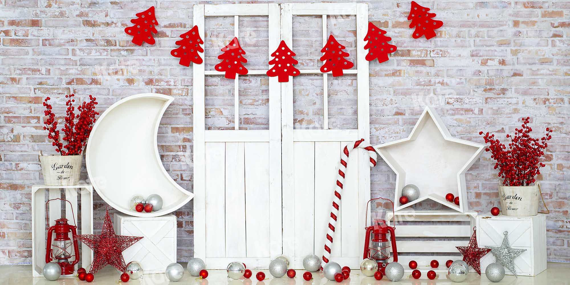 Kate Christmas Red Tree Barn Door White Brick Wall Backdrop Designed by Emetselch - Kate Backdrop