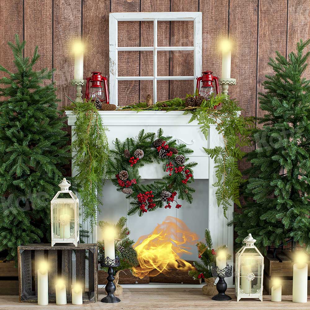 Kate Christmas Candle Fireplace Wood House Backdrop Designed by Emetselch - Kate Backdrop