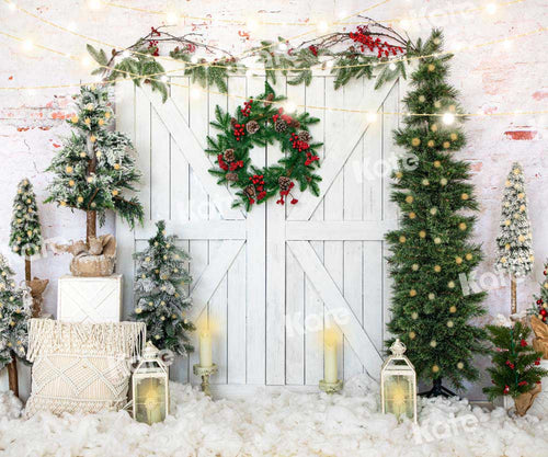 Kate Christmas Tree Backdrop White Barn Door Snow for Photography