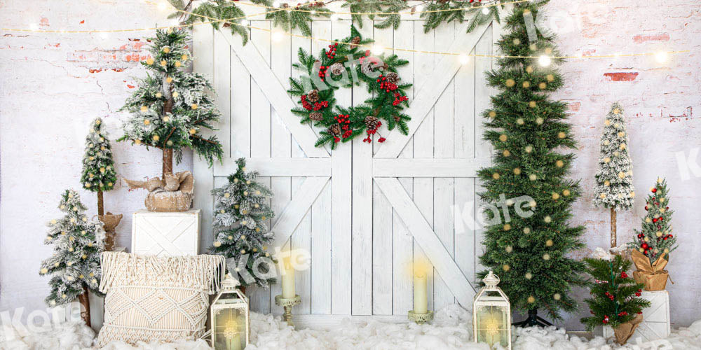 Kate Christmas Tree Backdrop White Barn Door Snow Designed by Emetselch - Kate Backdrop