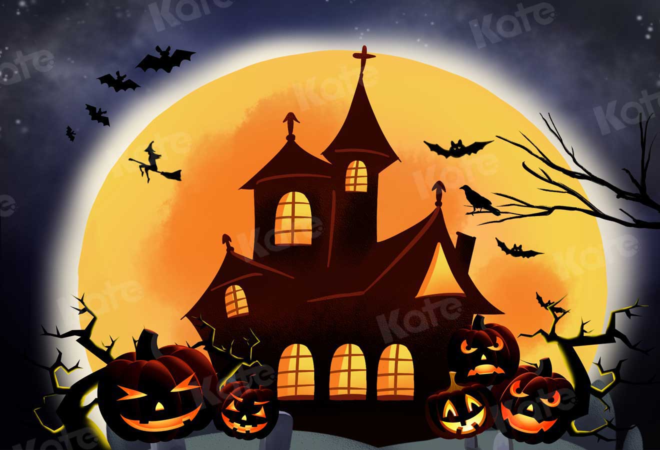 Kate Halloween Backdrop Pumpkins Witch House Designed by Chain Photography - Kate Backdrop