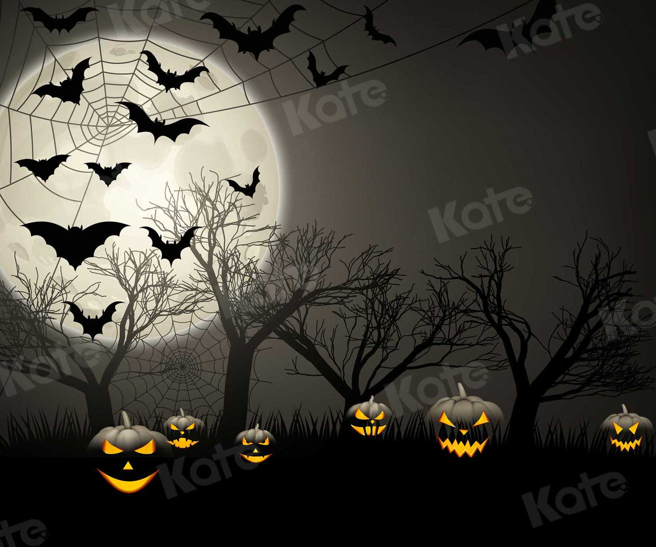 Kate Halloween Moon Gloomy Woods with Bats And Pumpkin Backdrop for Ph
