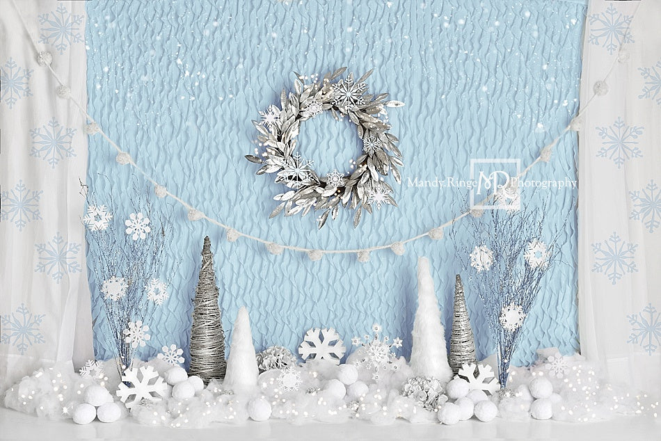 Winter Onederland Wonderland Blue Glitter Snow Christmas Holiday Greenery Photography Backdrop Photobooth 2024 Tapestry Bridal Baby Shower