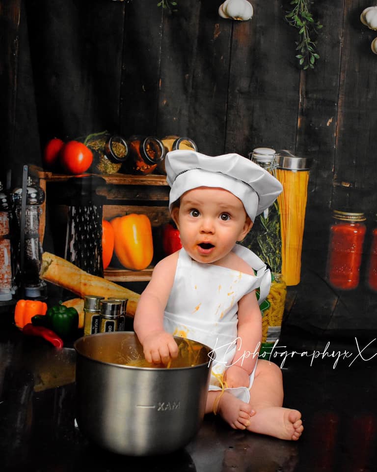 Kate Cake Smash Wood Kitchen Backdrop+Baby Outfit Chef Hat Apron - Kate Backdrop