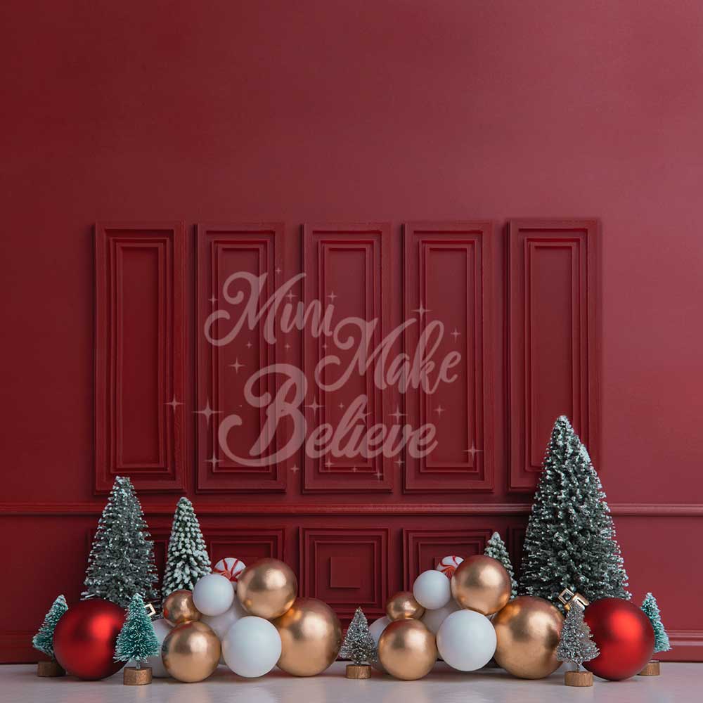 Kate Christmas Holiday Backdrop Red Wall Trees Designed by Mini MakeBelieve - Kate Backdrop