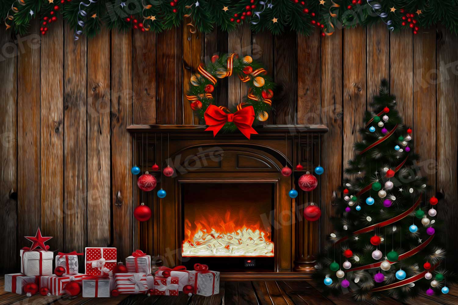 Kate Christmas Gifts Backdrop Fireplace for Photography - Kate Backdrop