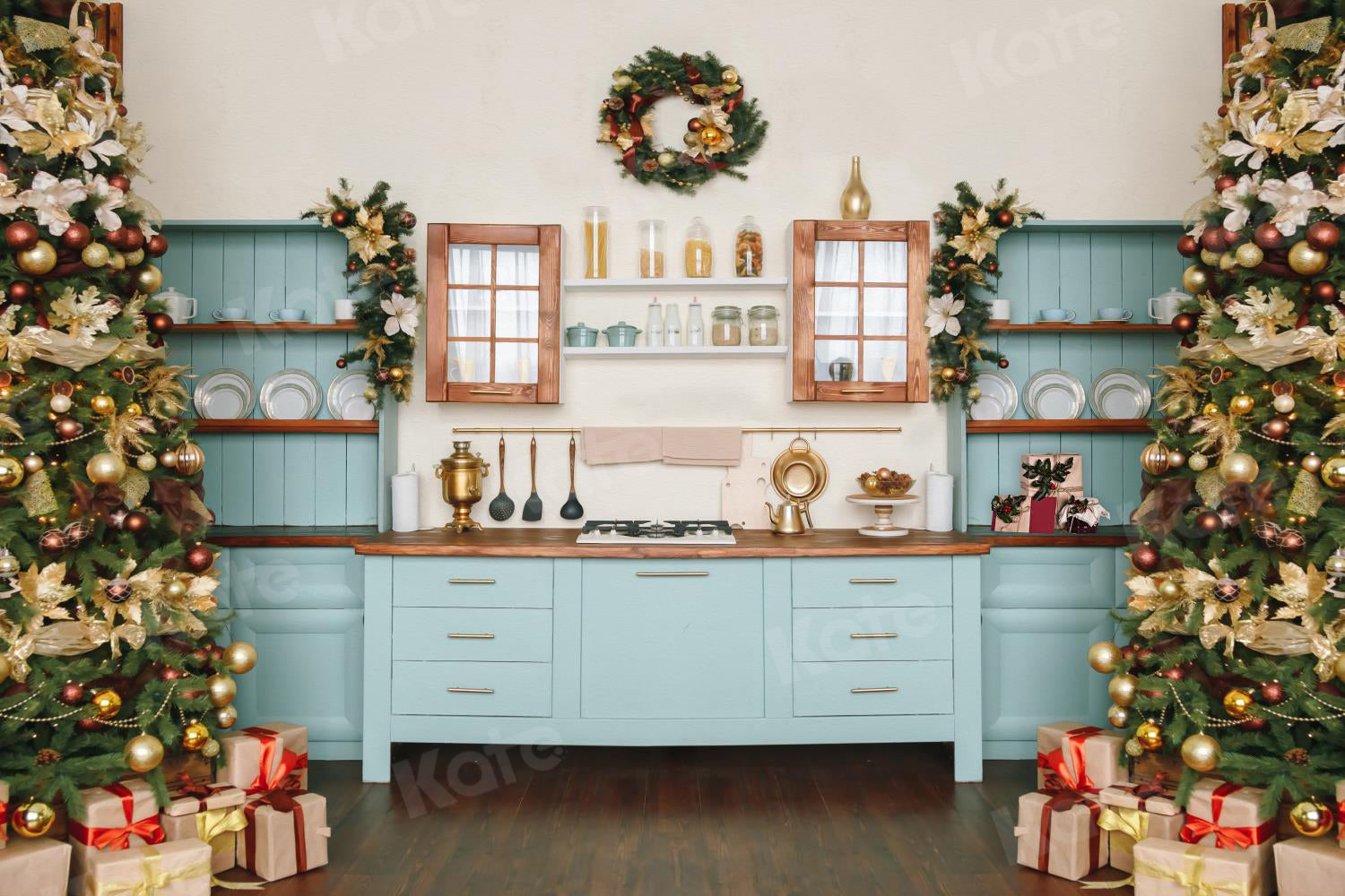 Kate Christmas Kitchen Closet Backdrop Blue for Photography - Kate Backdrop