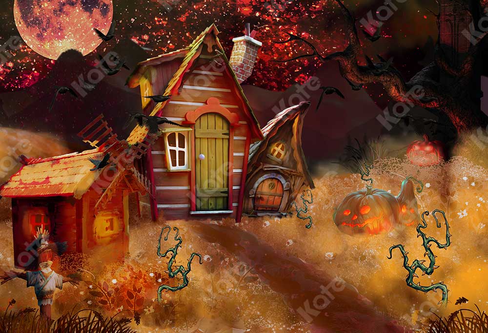 Kate Halloween Pumpkin Backdrop Night Forest House for Photography - Kate Backdrop