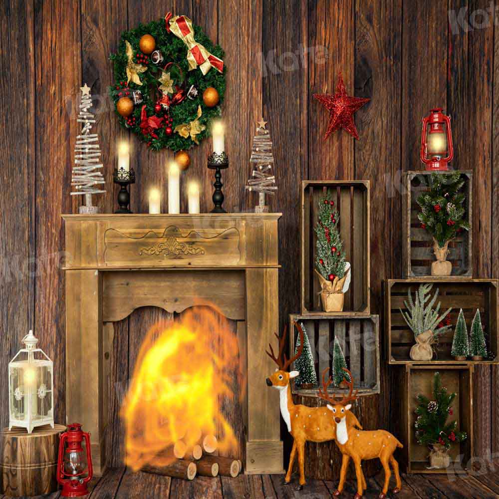 Kate Christmas Fireplace Backdrop Wood House Designed by Emetselch - Kate Backdrop