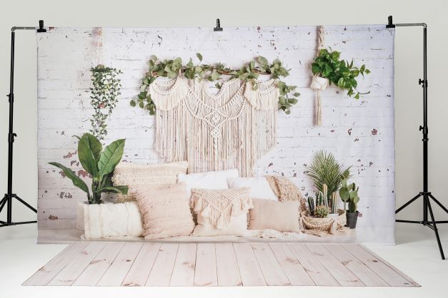 Kate Boho Macrame Floor Pillows with Plants Spring/mother's Day Backdrop Designed By Mandy Ringe Photography - Kate Backdrop